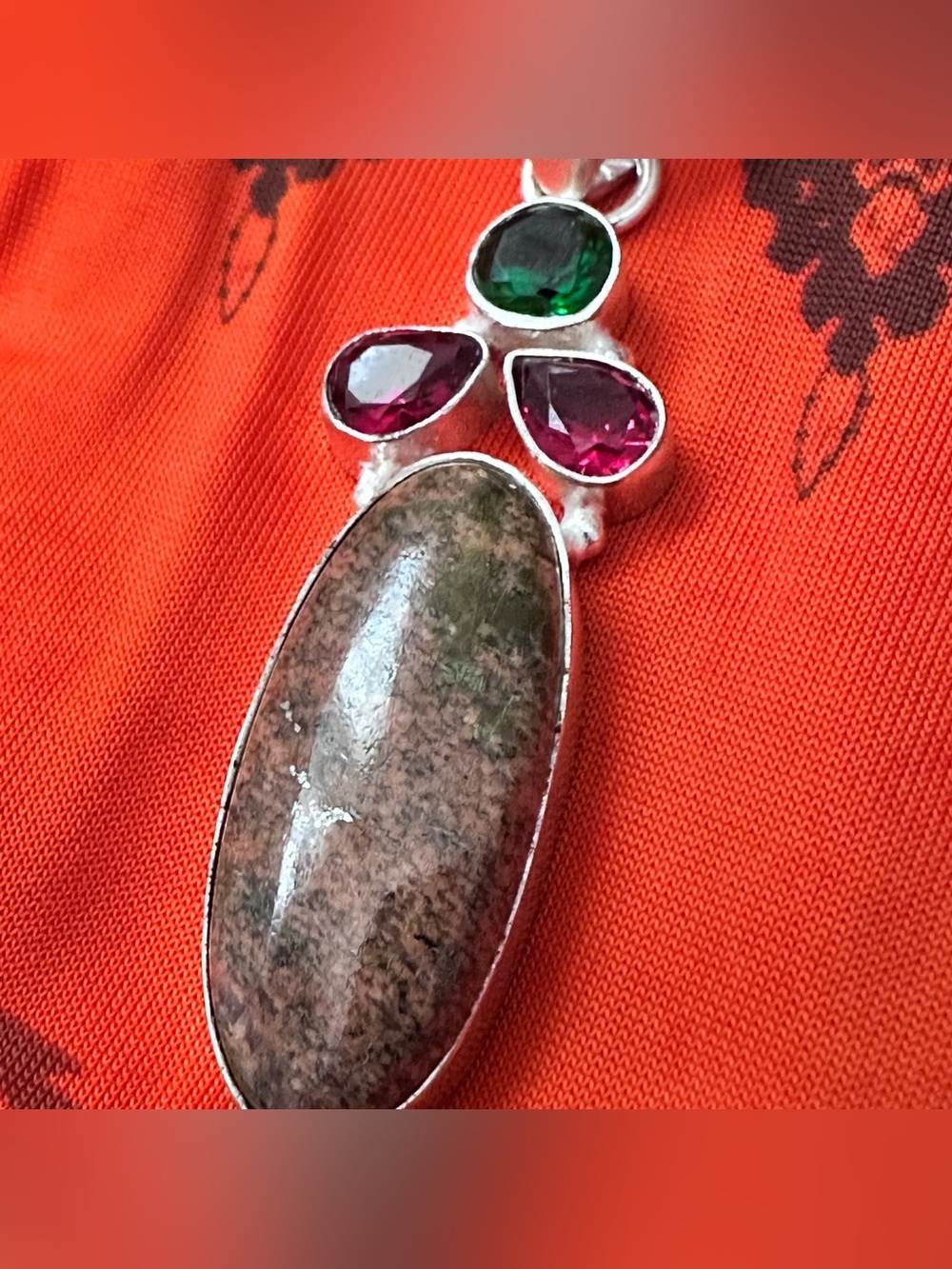Artisan Multistone UNAKITE Pendant Necklace with Green and Pink Accent Crystals